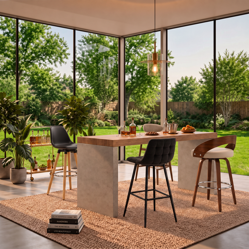 Chaises de bar hautes aux assises noires et beiges autour d’un îlot dans une pièce ouverte sur un jardin.