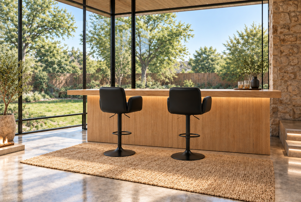 Tabouret de bar avec accoudoirs au comptoir en bois d'une cuisine ouverte sur le jardin - Haut-Comptoir