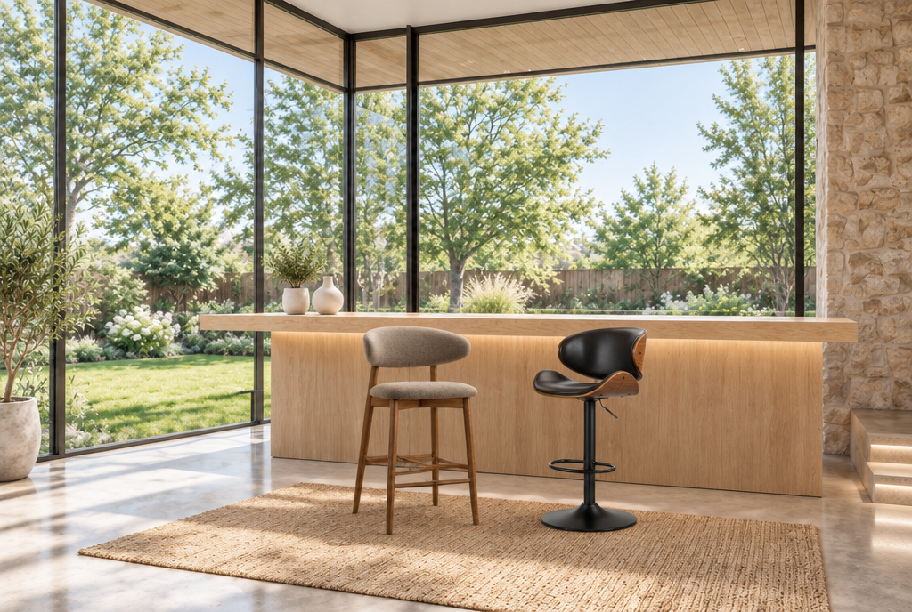 Tabourets de bar de style scandinave en bois clair et tissu au comptoir d'une pièce vitrée sur jardin - Haut-Comptoir