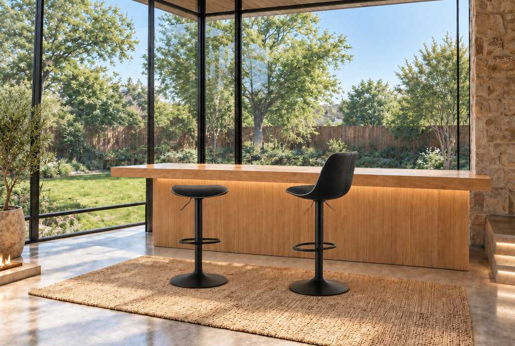 Tabouret de bar sans dossier et chaise de bar à dossier côte à côte au comptoir en bois - Haut-Comptoir