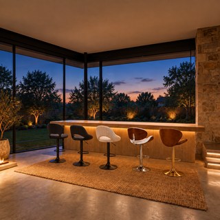 Collection Tabourets de bar Haut-Comptoir - comptoir en bois face a un canyon desertique en gres rouge, coucher de soleil
