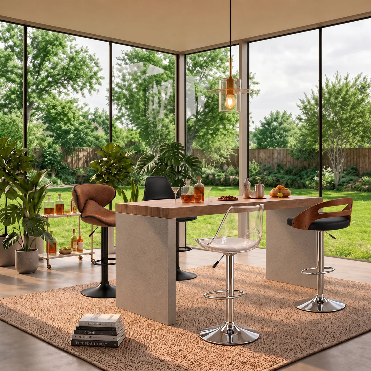 Tabourets de bar pivotants aux assises brunes, noires et transparentes dans un intérieur ouvert sur un jardin.