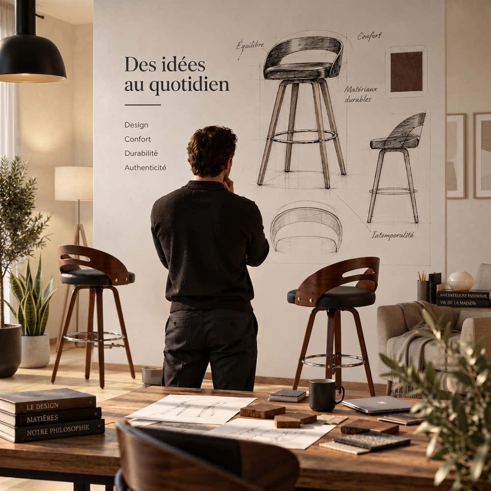 Homme contemplant des croquis de tabourets de bar design dans un atelier moderne — Haut-Comptoir
