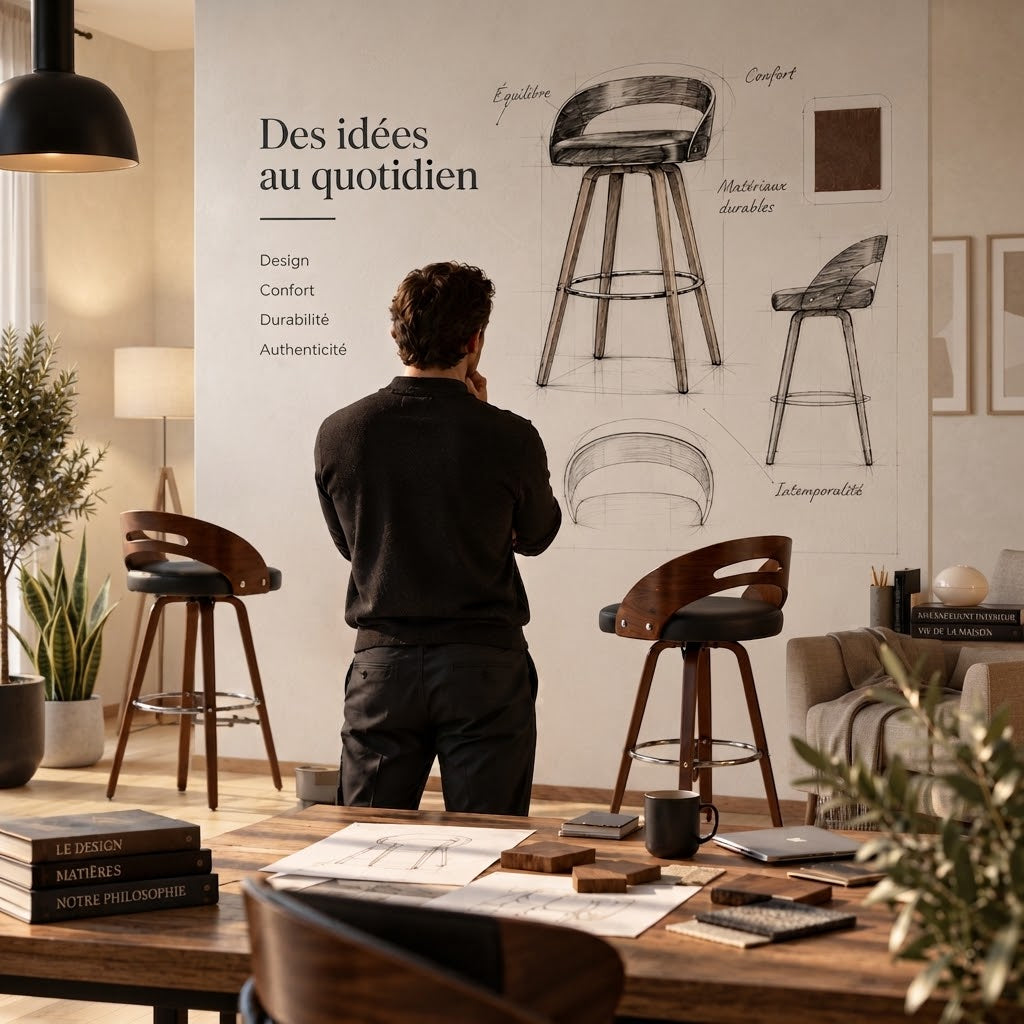 Homme contemplant des croquis de tabourets de bar design dans un atelier moderne — Haut-Comptoir