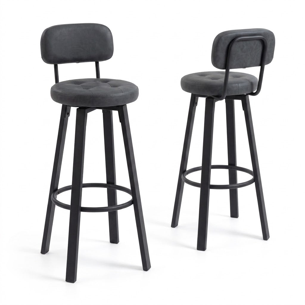 Chaise de bar haute Palet lot de 2 – vue face, simili cuir gris et piétement métal noir – Haut-Comptoir