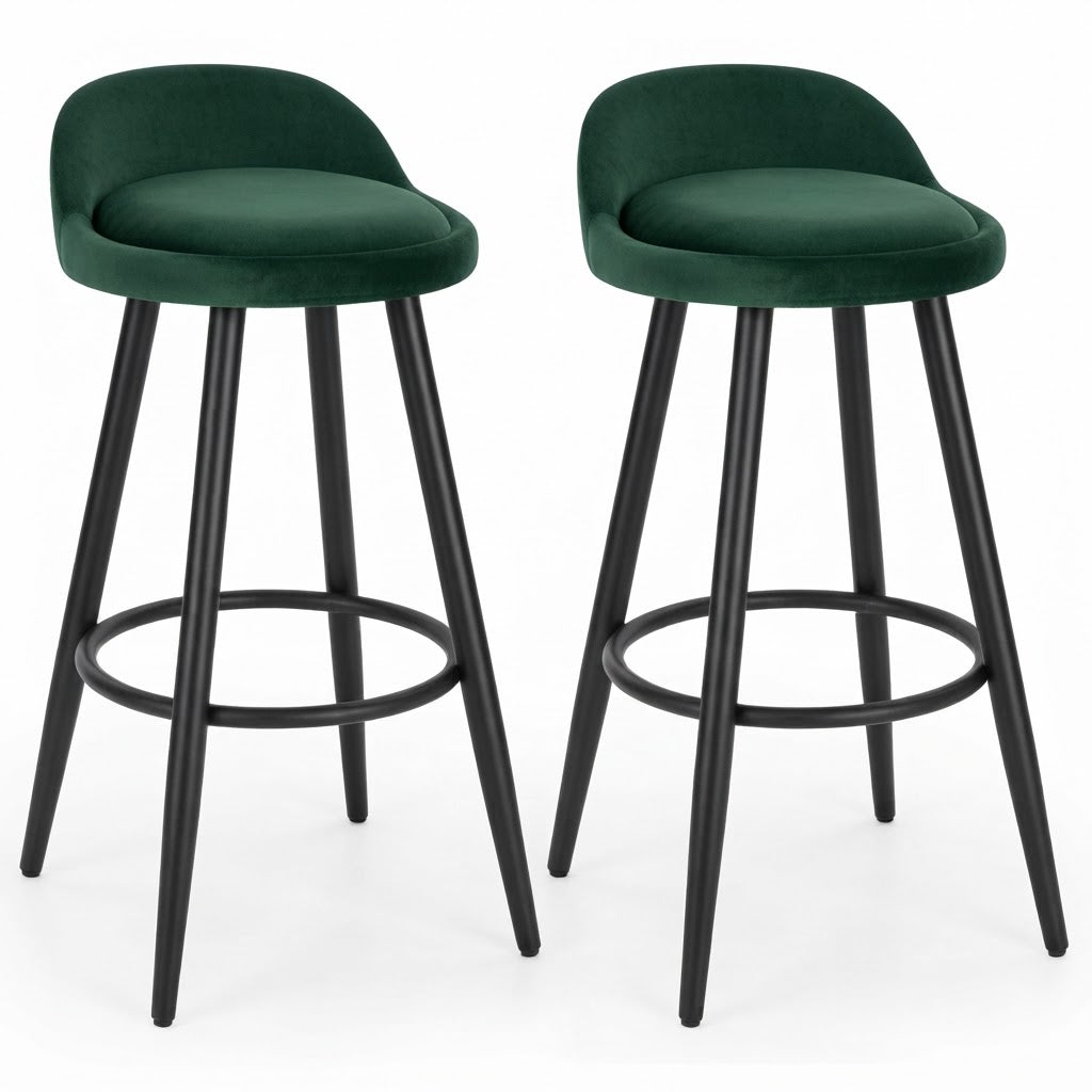 Chaise de bar haute Senja velours vert – lot de 2 – pieds métal noir