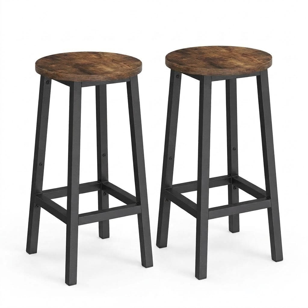Chaise bar haute bois et acier Lykke lot de 2 – zoom assise ronde bois et repose-pieds métal – Haut-Comptoir