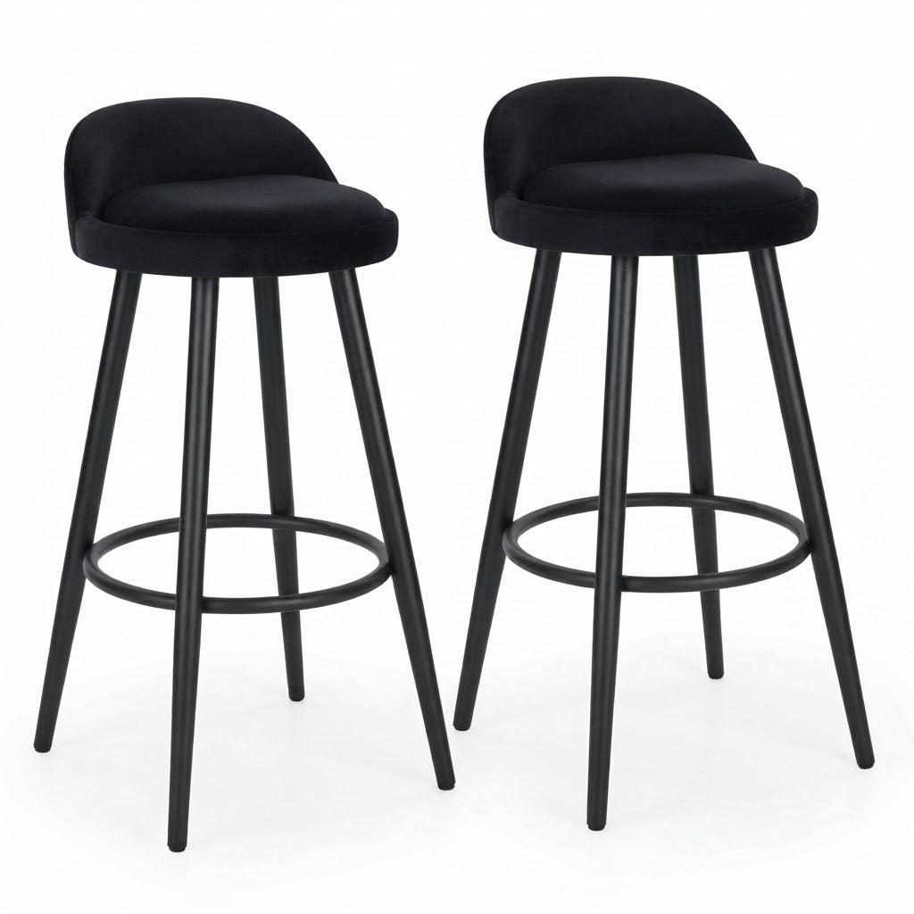 Chaise de bar haute Senja velours noir – lot de 2 – pieds métal noir, repose-pieds circulaire
