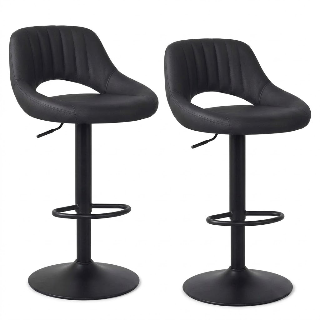 Tabouret de bar pivotant Havana lot de 2 – vue face, PU noir et base tulipe noire – Haut-Comptoir