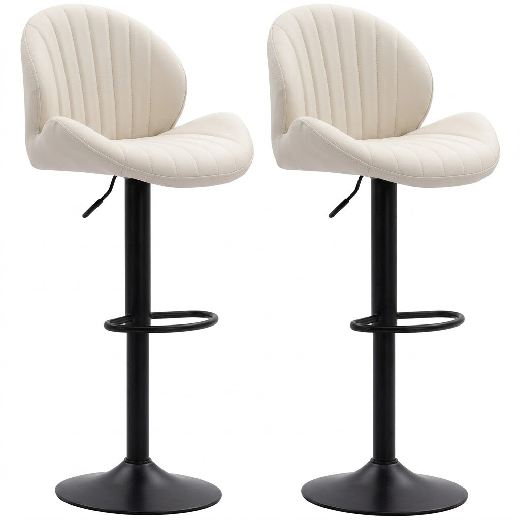 Tabouret de bar design Karmin lot de 2 – vue face, chenille crème ivoire et base tulipe noire – Haut-Comptoir