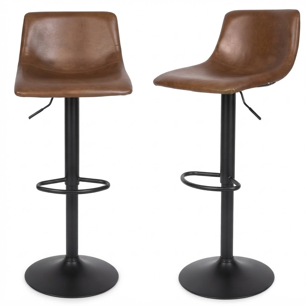 Tabouret de bar vintage Skawi lot de 2 – duo face et profil, simili cuir marron effet vieilli et base noire – Haut-Comptoir