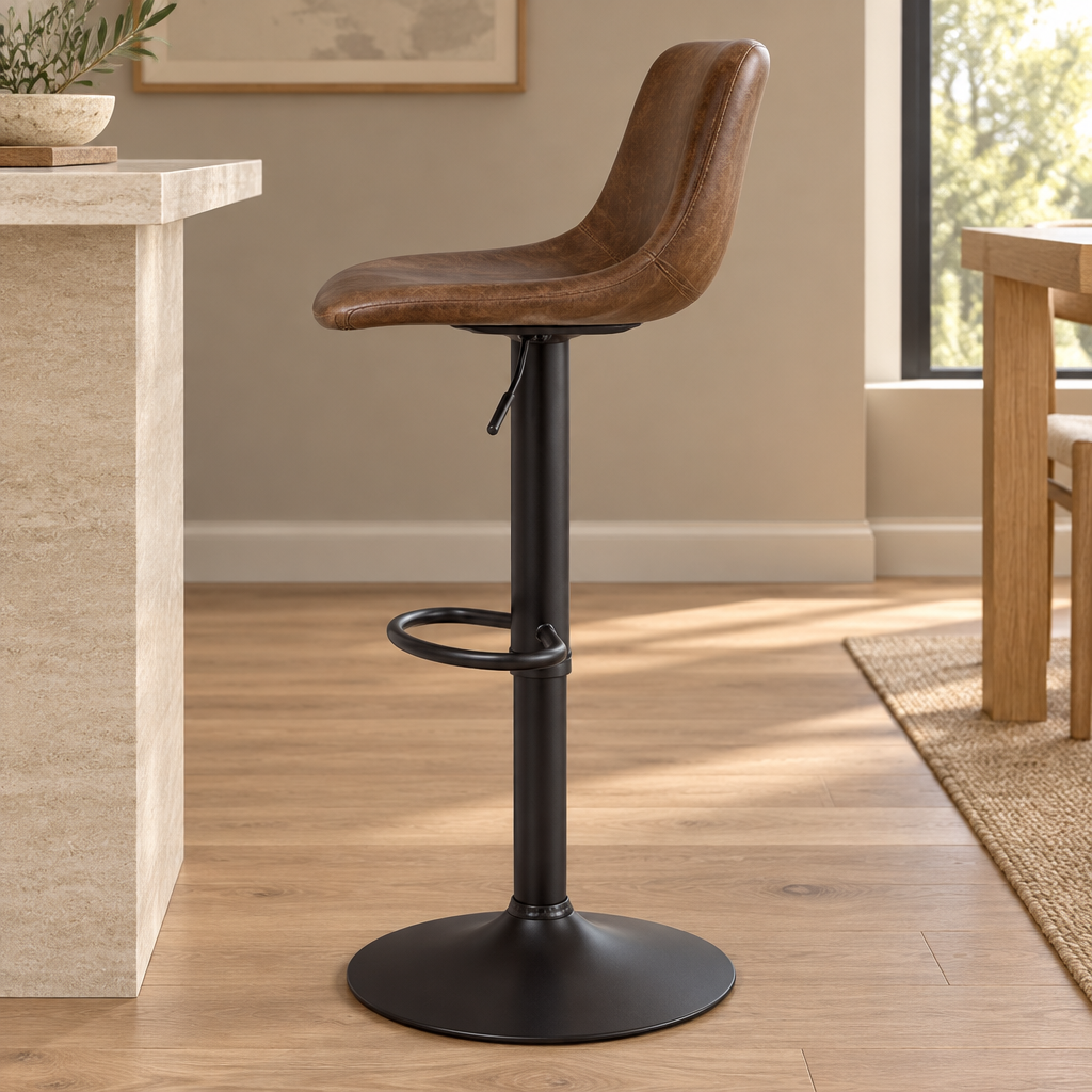 Tabouret de bar vintage Skawi – vue de profil, assise enveloppante et repose-pieds circulaire – Haut-Comptoir
