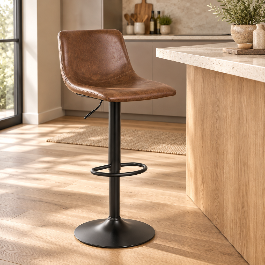 Tabouret de bar vintage Skawi – vue 3/4 devant un îlot de cuisine en bois clair – Haut-Comptoir