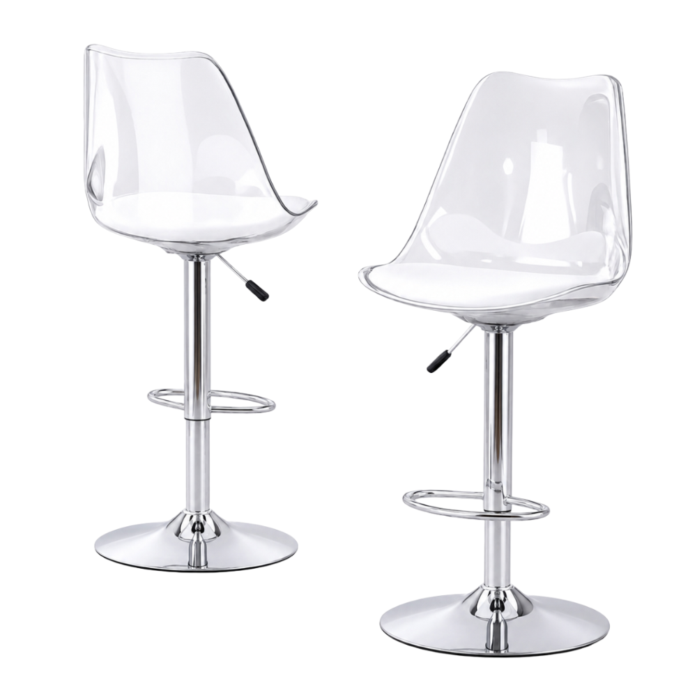 Tabouret de bar design Oden lot de 2 – vue face, simili cuir noir capitonné et base noire – Haut-Comptoir