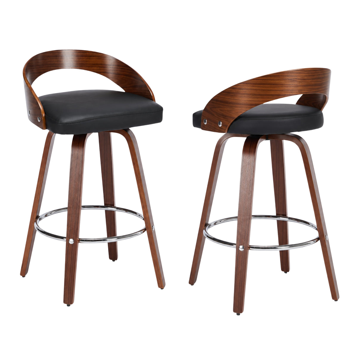Chaise de bar en bois Kiruna lot de 2 – vue face, assise simili cuir noir et piétement bois clair – Haut-Comptoir