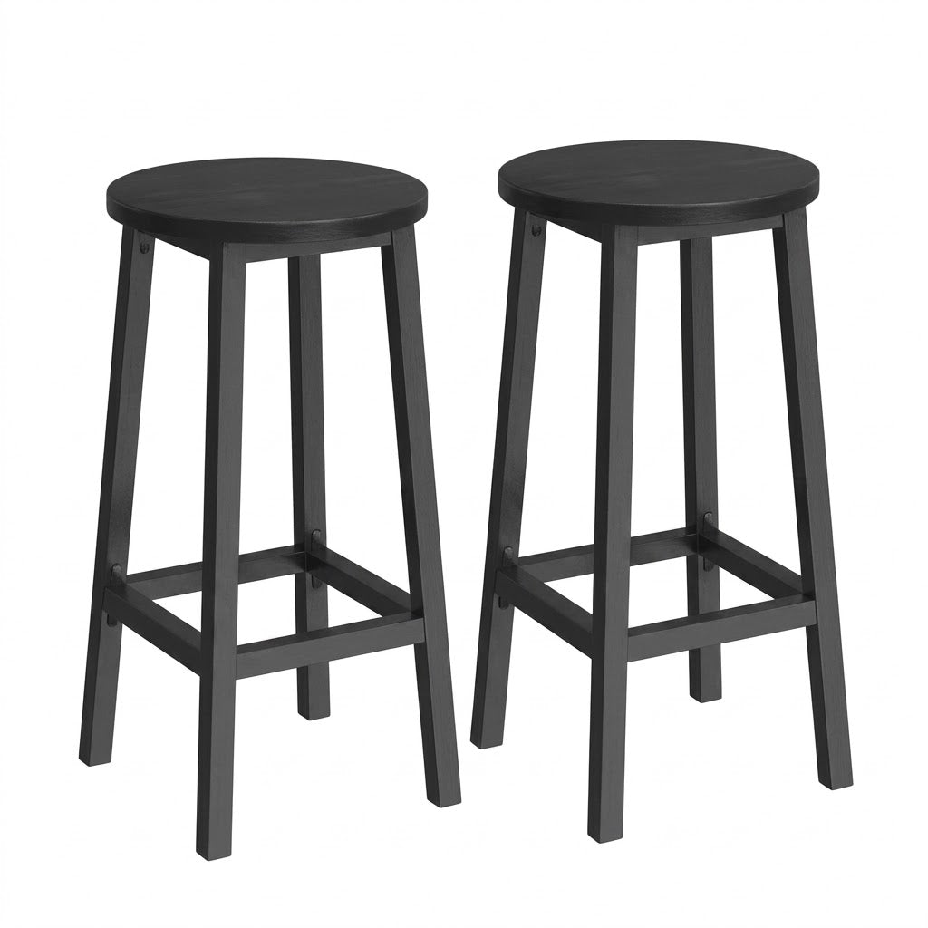 Chaise bar haute bois et acier Lykke lot de 2 – vue face, assise ronde bois noir et structure métal noir – Haut-Comptoir