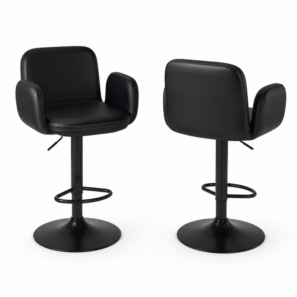 Tabouret de bar réglable Krona lot de 2 – vue face, simili cuir caramel et base noire mate – Haut-Comptoir