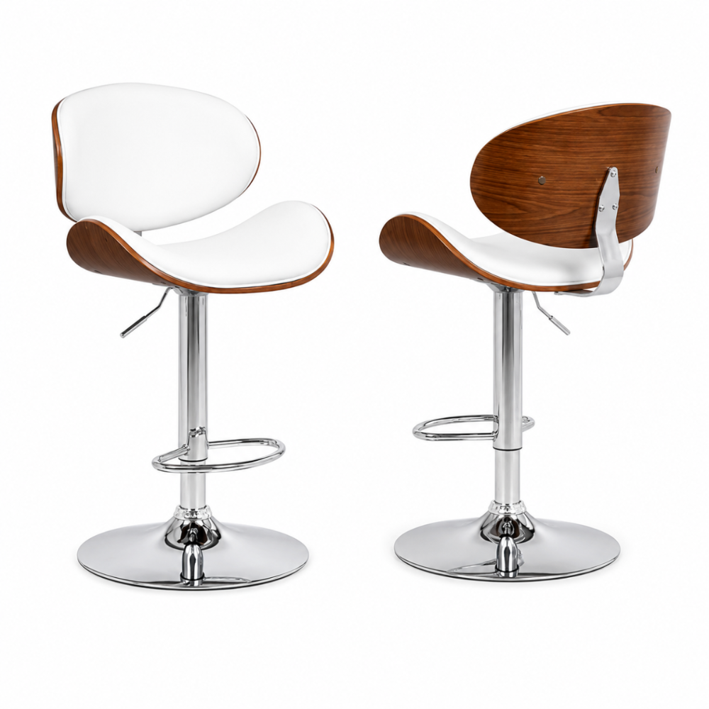 Tabouret de bar design Klippa lot de 2 – vue 3/4, dossier noyer courbé et assise PU blanc – Haut-Comptoir