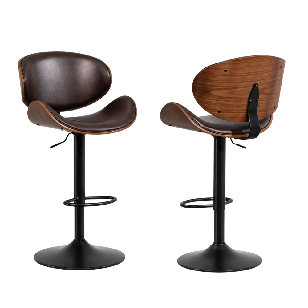 Tabouret de bar design Sven lot de 2 – vue face, simili cuir noir et base métal chromé – Haut-Comptoir
