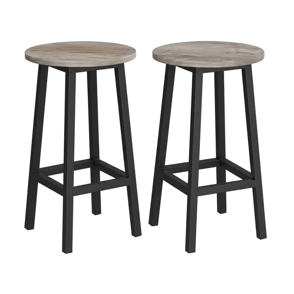 Tabouret de bar haut Lykke lot de 2 – assise ronde bois gris clair et piétement acier noir – Haut-Comptoir
