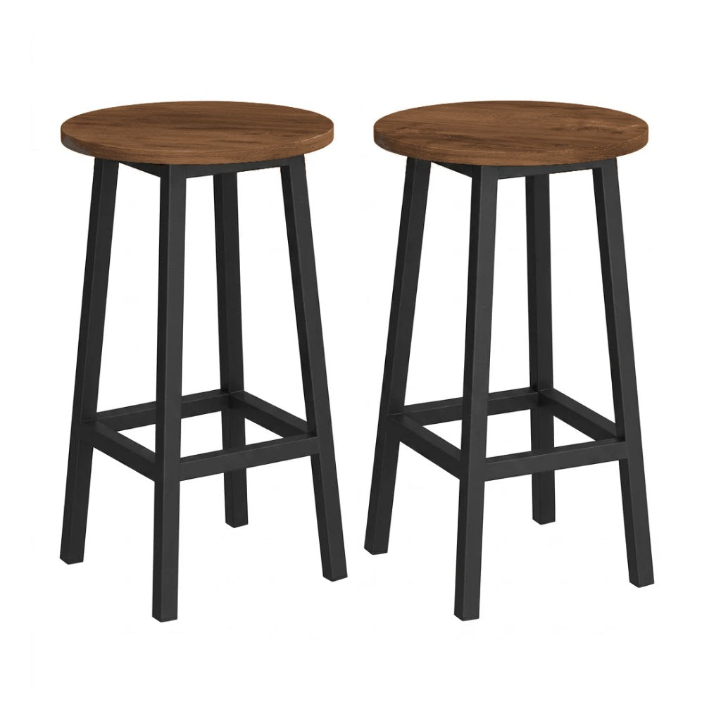 Tabouret de bar haut Lykke lot de 2 – assise ronde bois brun rustique et piétement acier noir – Haut-Comptoir