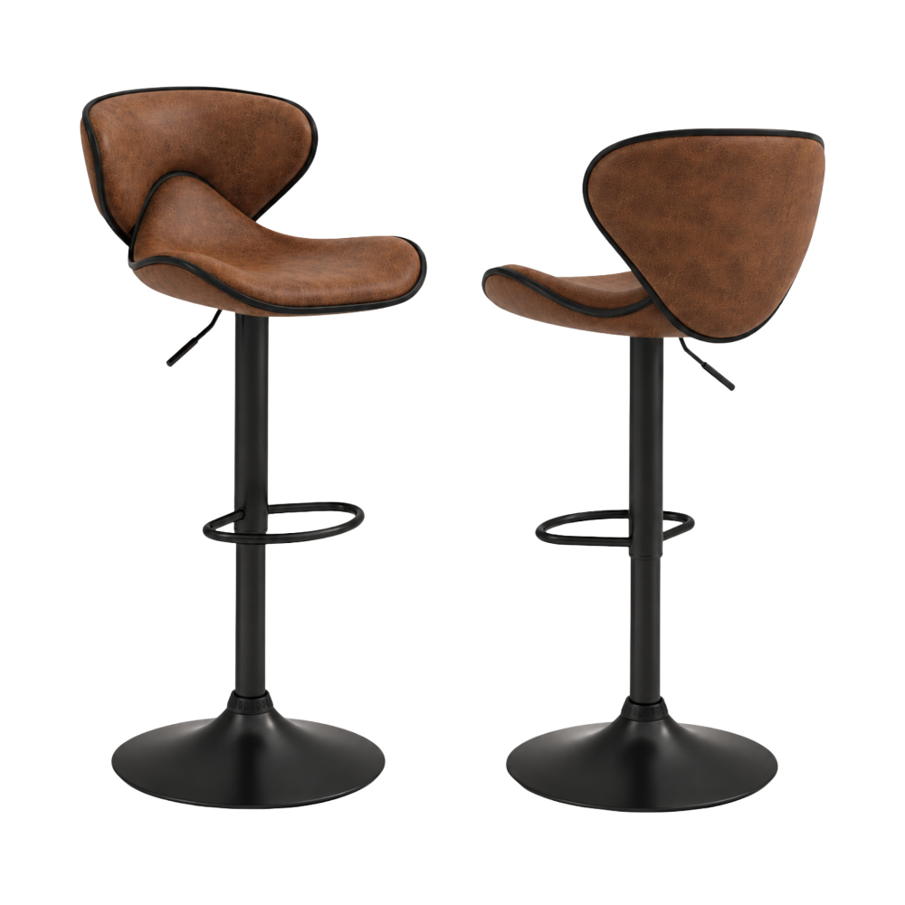 Tabouret de bar vintage Gotland lot de 2 – vue face, assise ronde bois et piétement métal cuivré – Haut-Comptoir