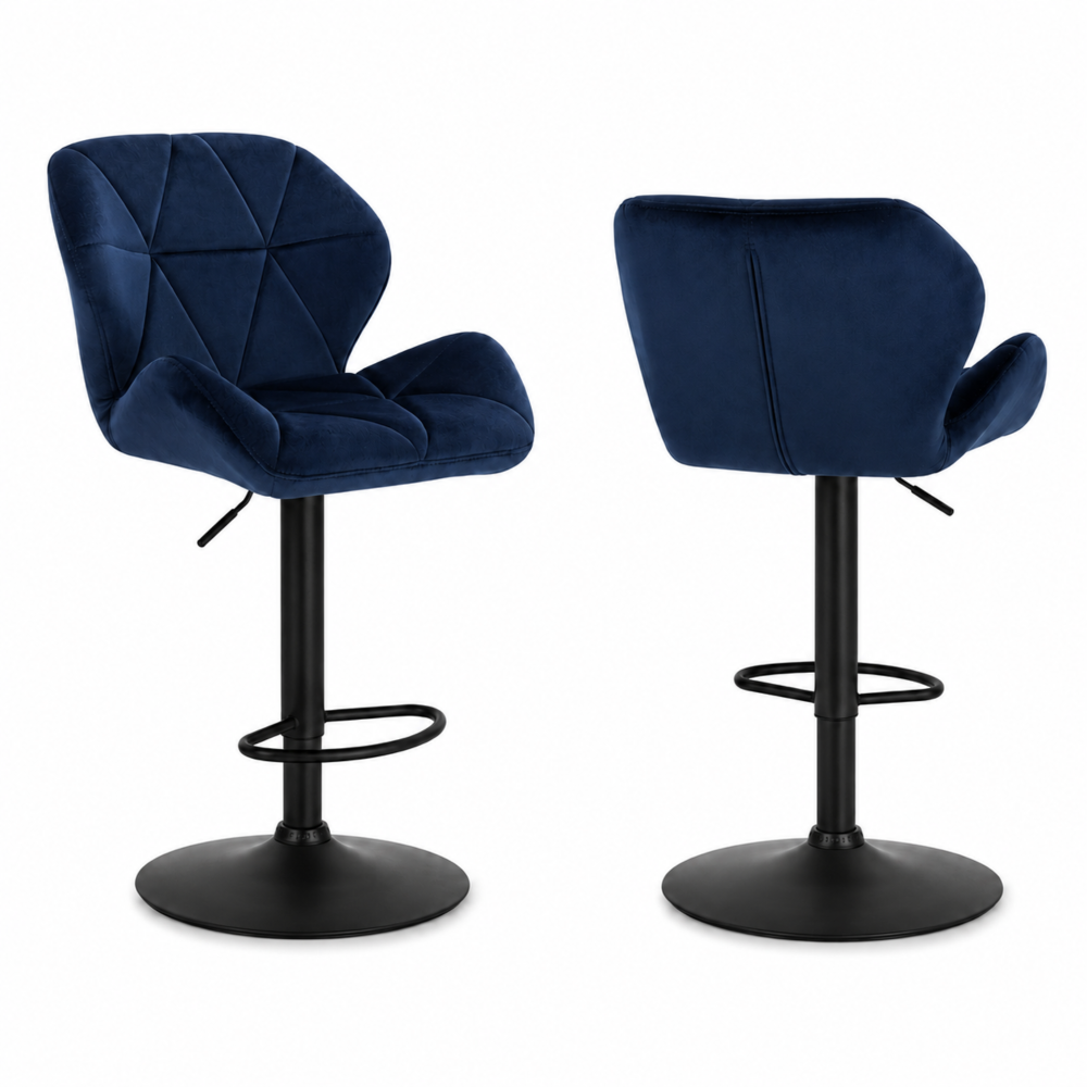 Tabouret de bar pivotant Snö lot de 2 – vue 3/4, dossier papillon piqûres géométriques – Haut-Comptoir